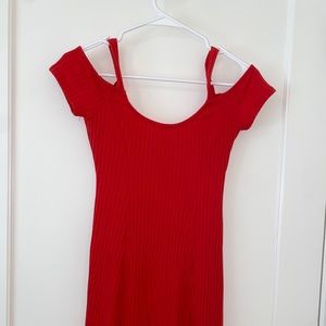 Red ribbed mini dress. Off the shoulder sleeves. Size XS